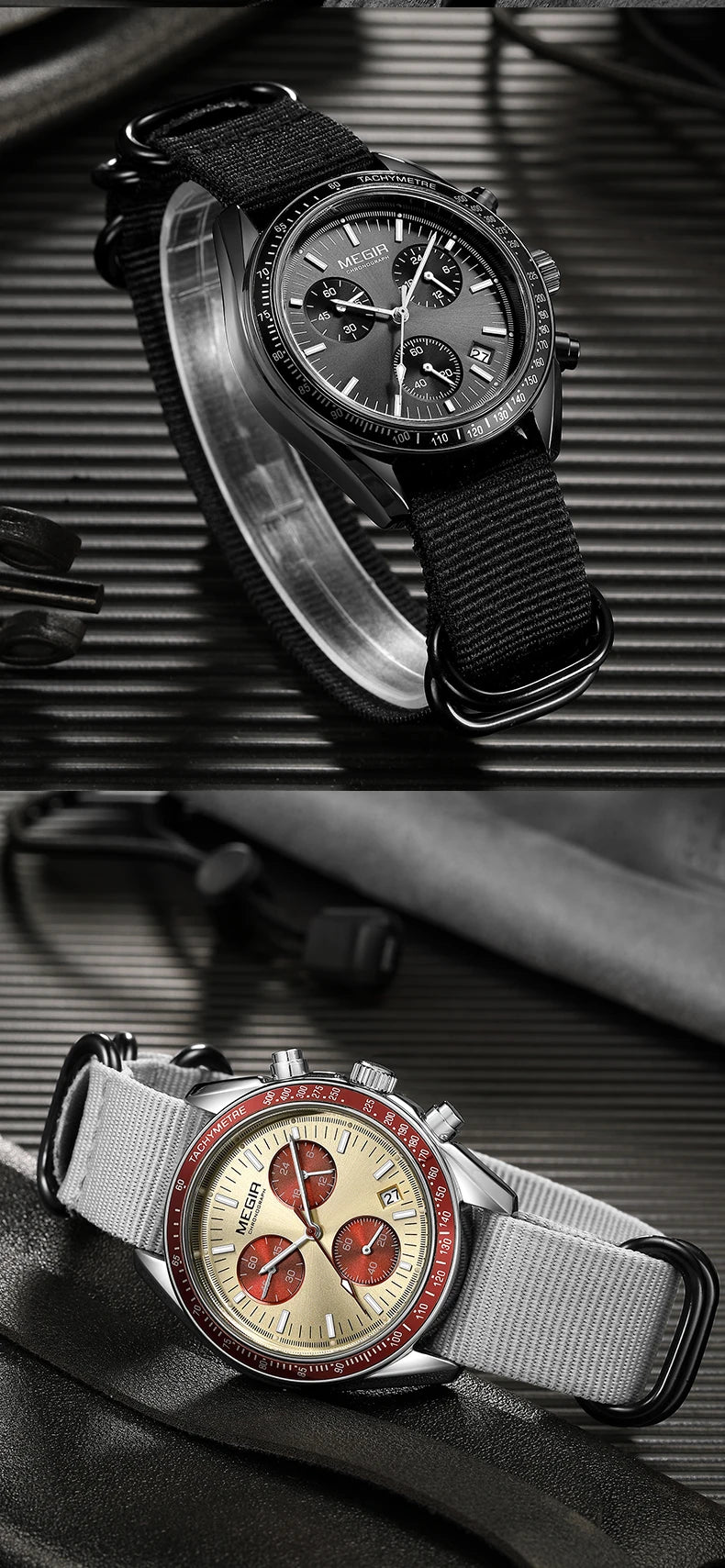 MEGIR 2247 New Luxury Men's Watch Canvas Braided Strap Sport Chronograph Night Light Quartz Waterproof Men's Watch reloj hombre