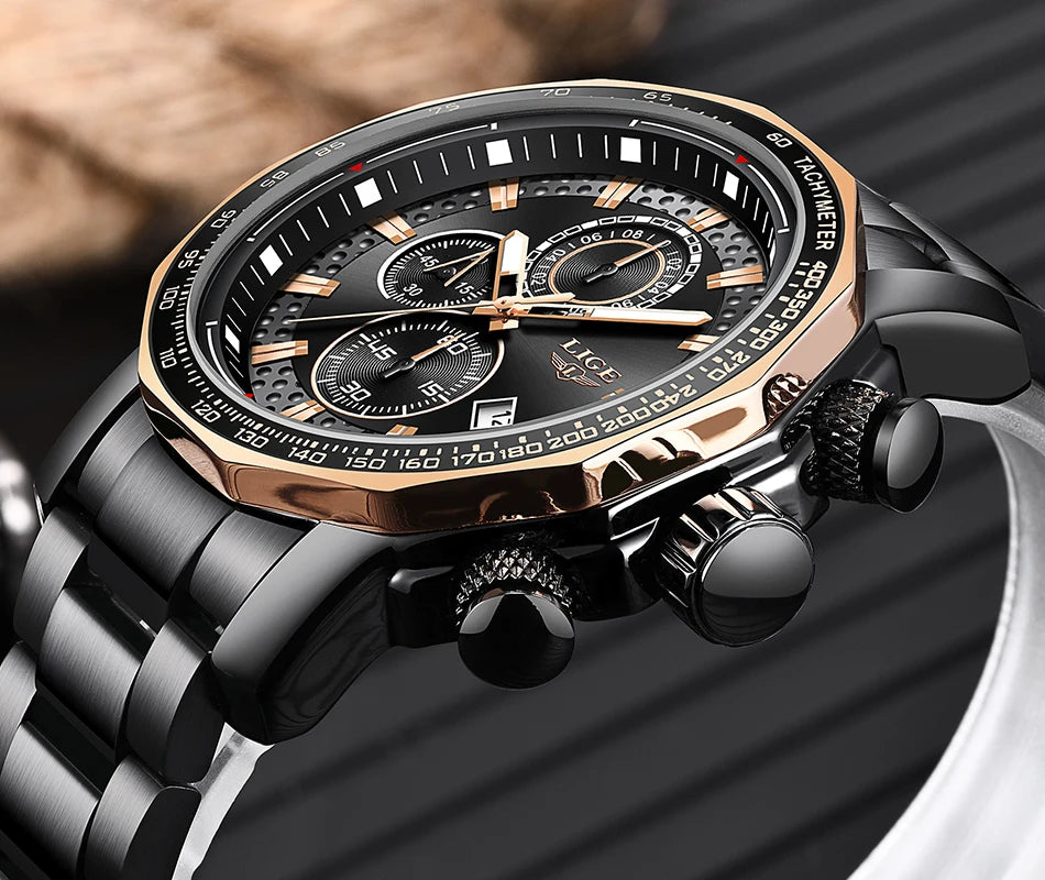 LIGE New Sport Chronograph Mens Watches Top Brand Luxury Full Steel Quartz Clock Waterproof Big Dial Watch Men Montre Homme