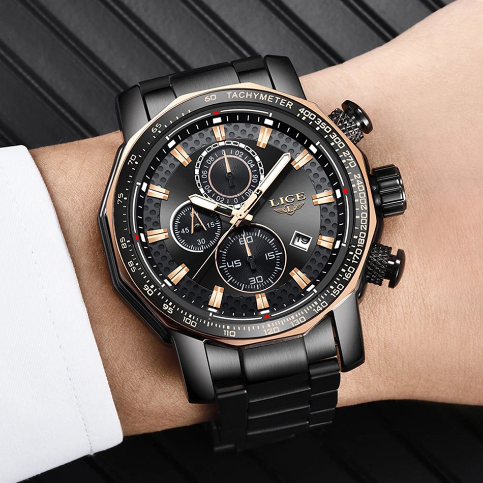 LIGE New Sport Chronograph Mens Watches Top Brand Luxury Full Steel Quartz Clock Waterproof Big Dial Watch Men Montre Homme