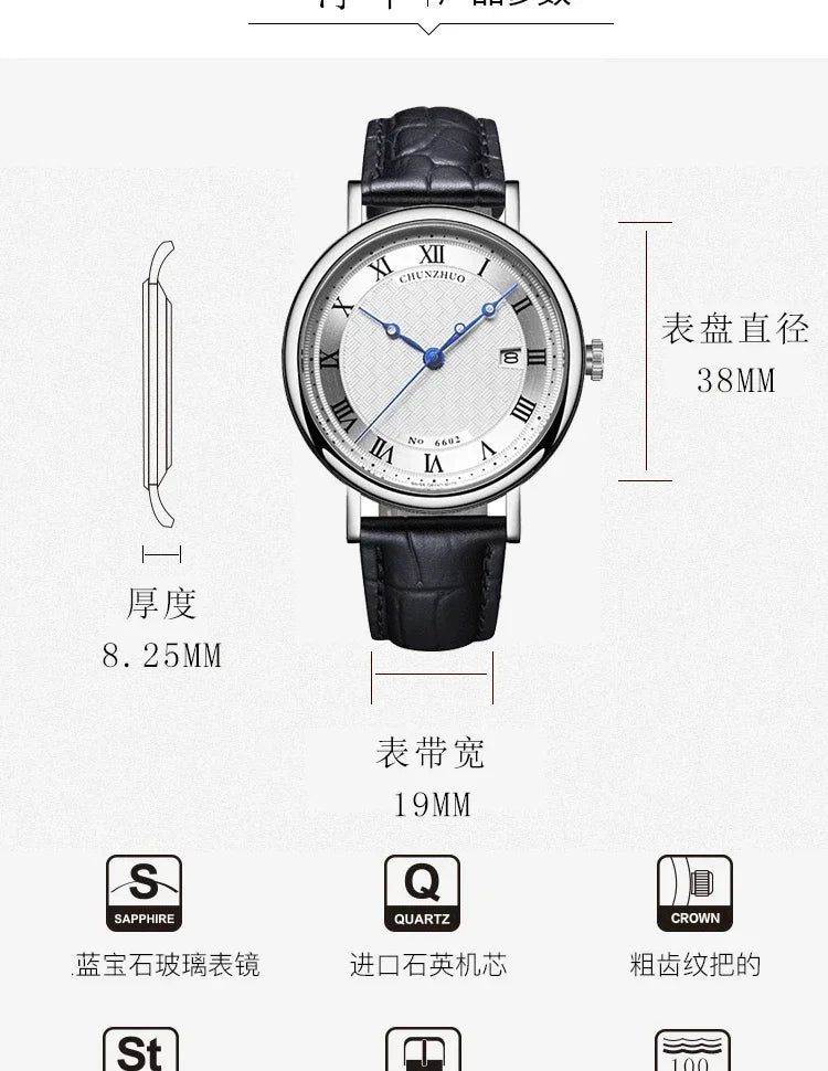 Montre décontractée ultra-plate pour homme, mouvement de montre à quartz de 38 mm, acier inoxydable importé du Japon