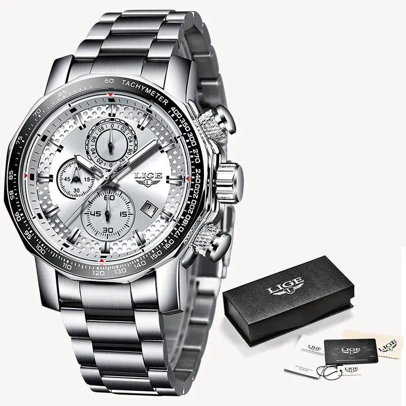 LIGE New Sport Chronograph Mens Watches Top Brand Luxury Full Steel Quartz Clock Waterproof Big Dial Watch Men Montre Homme
