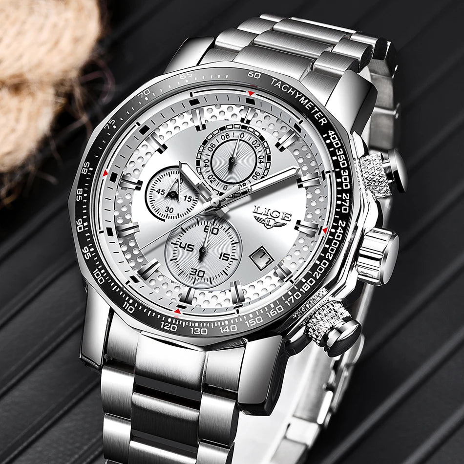 LIGE New Sport Chronograph Mens Watches Top Brand Luxury Full Steel Quartz Clock Waterproof Big Dial Watch Men Montre Homme