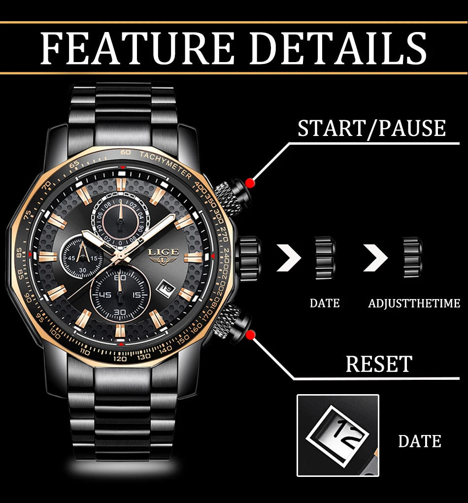 LIGE New Sport Chronograph Mens Watches Top Brand Luxury Full Steel Quartz Clock Waterproof Big Dial Watch Men Montre Homme