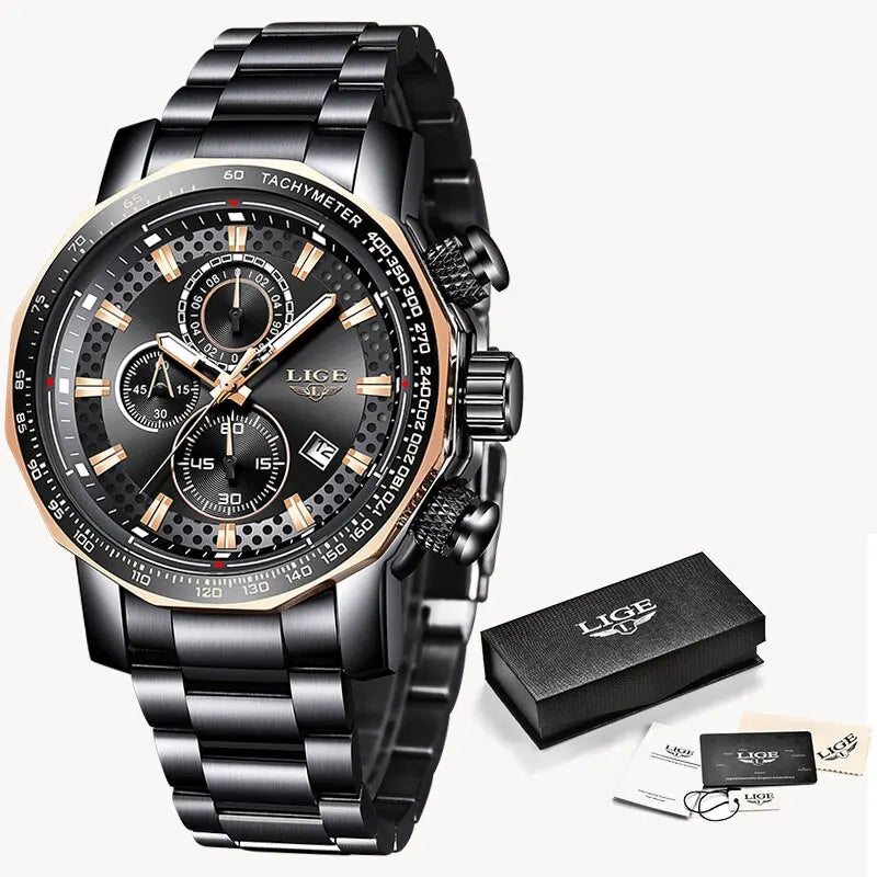 LIGE New Sport Chronograph Mens Watches Top Brand Luxury Full Steel Quartz Clock Waterproof Big Dial Watch Men Montre Homme