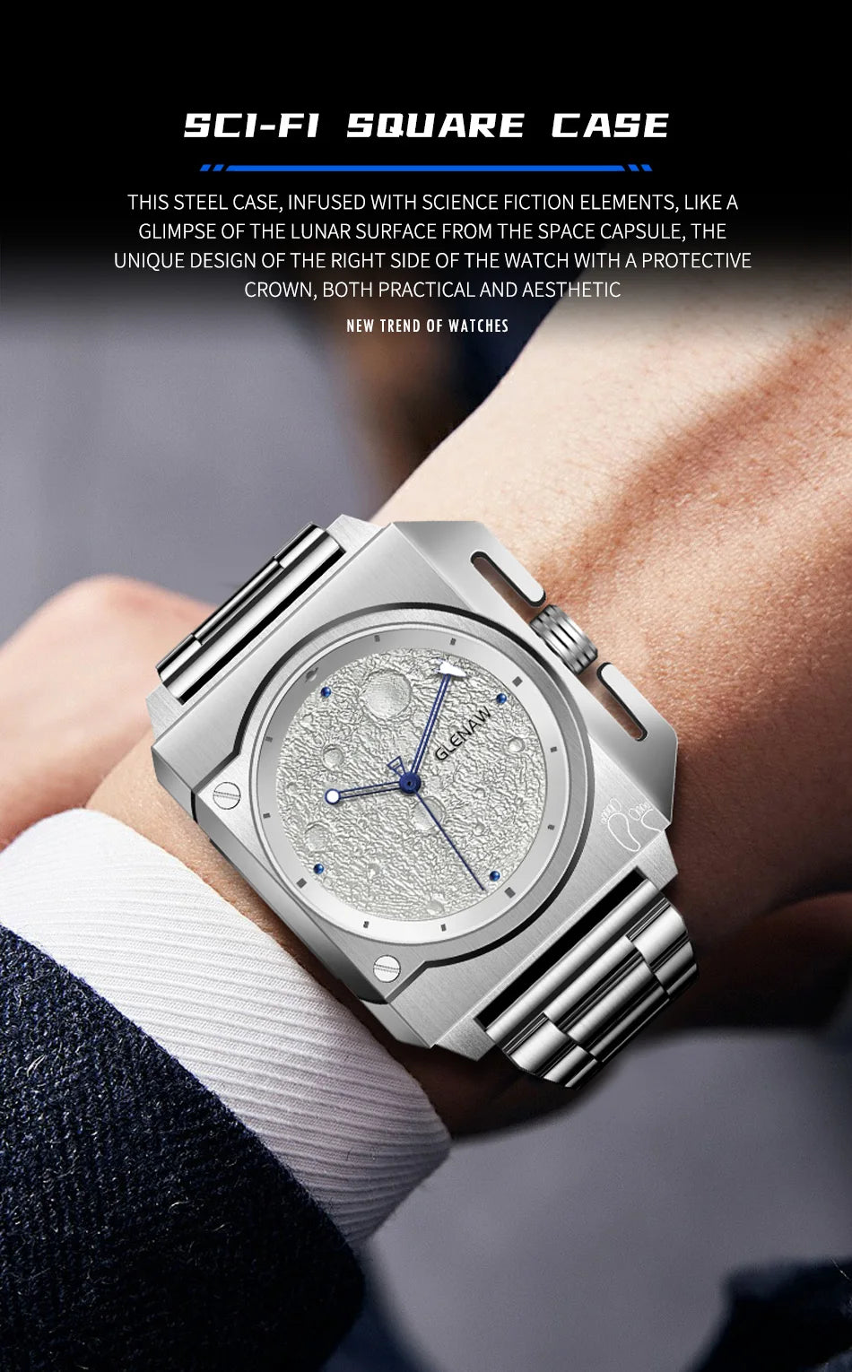 Montre Homme GLENAW Original Brand Design Mechanical Watch Moon Dial Luminous Spaceship Pointer Stainless Steel Watch For Men