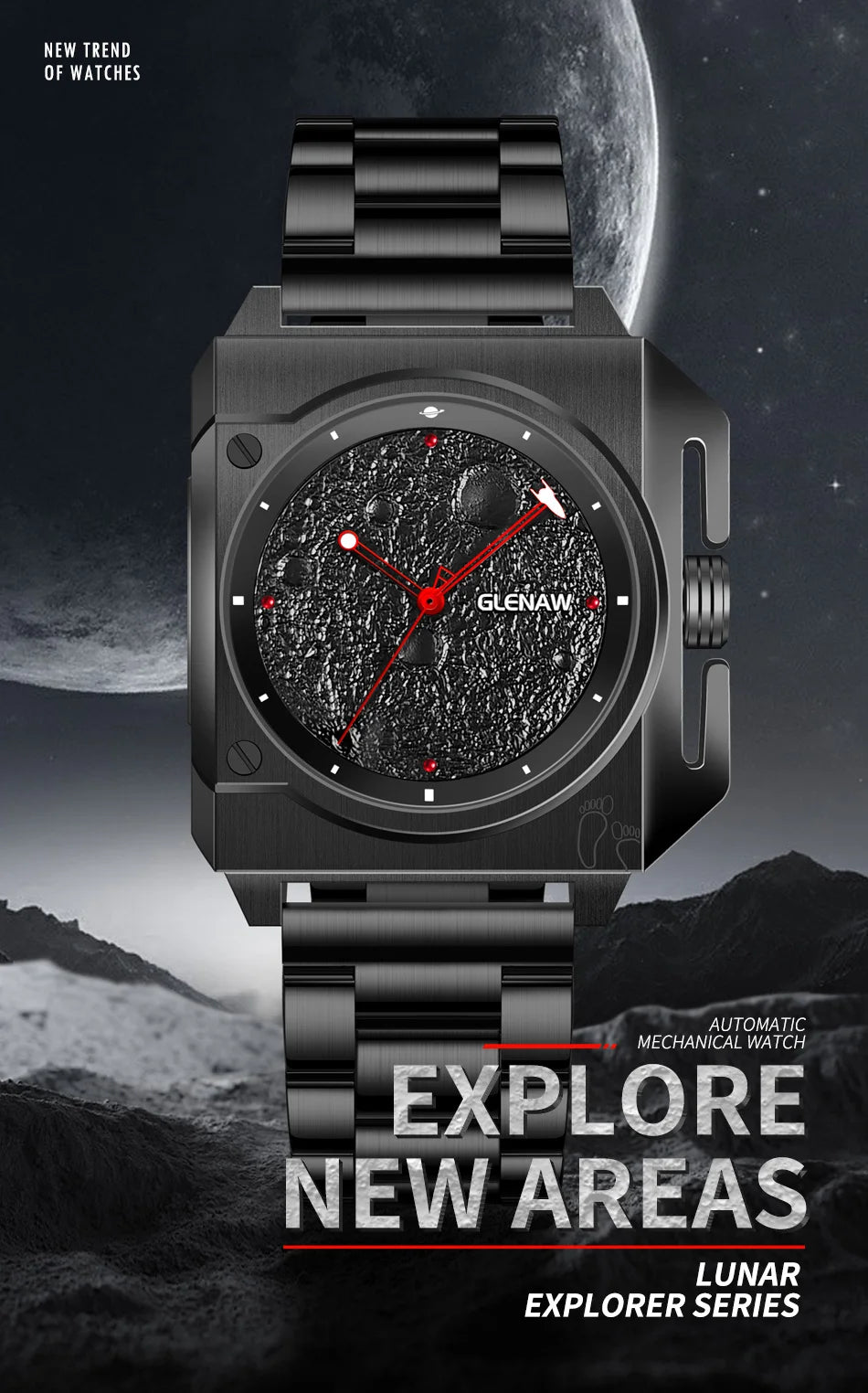 Montre Homme GLENAW Original Brand Design Mechanical Watch Moon Dial Luminous Spaceship Pointer Stainless Steel Watch For Men