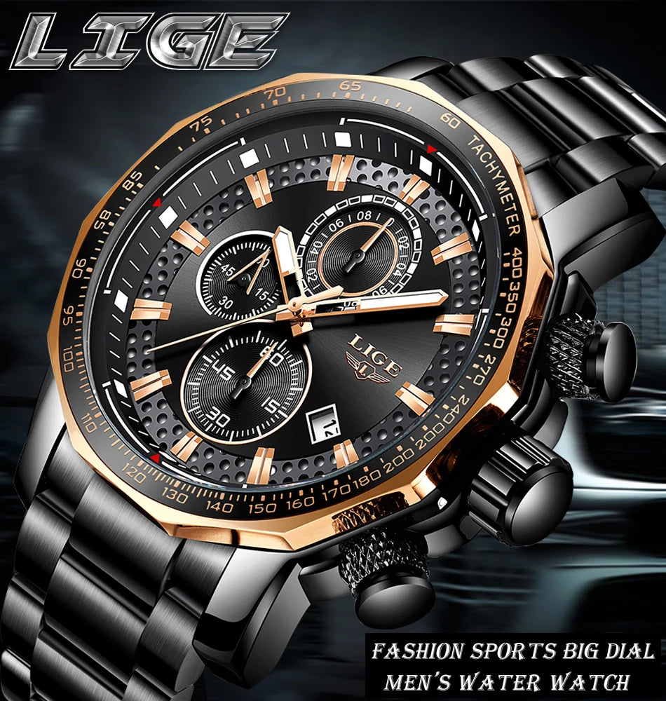 LIGE New Sport Chronograph Mens Watches Top Brand Luxury Full Steel Quartz Clock Waterproof Big Dial Watch Men Montre Homme