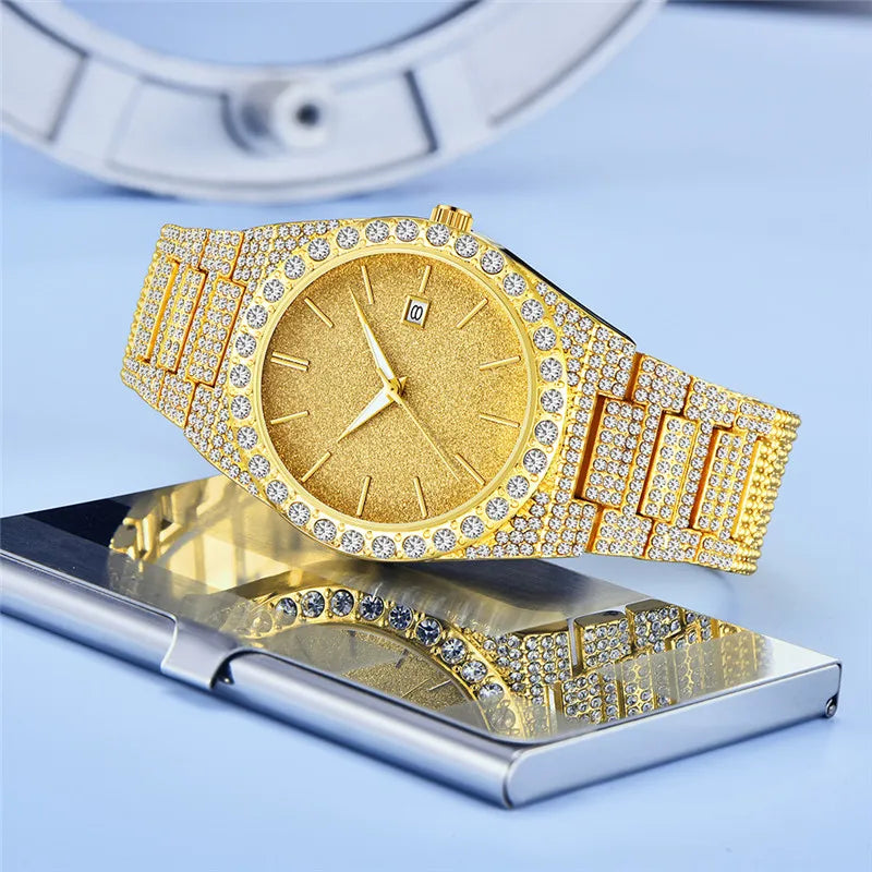 Men Big Brand Watches Hip Hop Diamond Fashion Alloy Band Date Golden Luxury Vintage Quartz Watch Montres de Marque de Luxe 2024