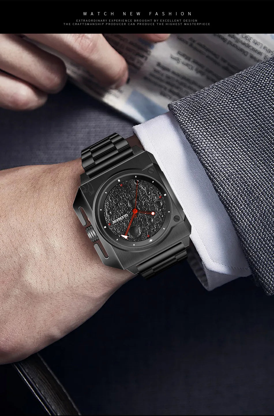 Montre Homme GLENAW Original Brand Design Mechanical Watch Moon Dial Luminous Spaceship Pointer Stainless Steel Watch For Men