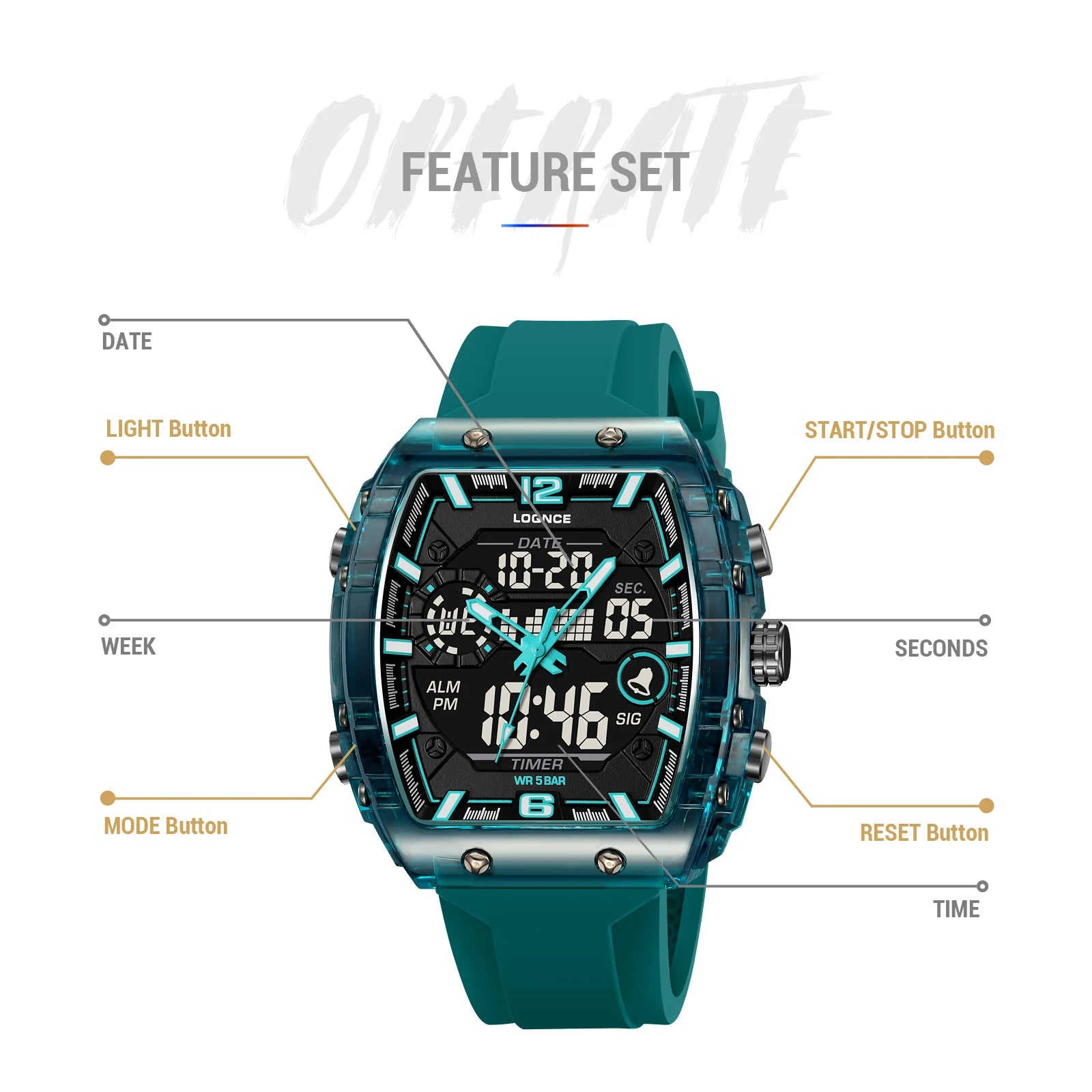 New LOQNCE  98003 Male montre homme Hour Sport Watches Digital Double Time Chronograph Watch Mens LED Week Display Wristwatches