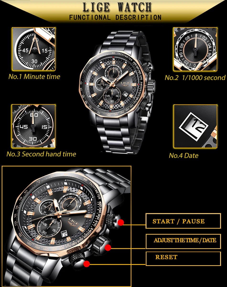LIGE New Sport Chronograph Mens Watches Top Brand Luxury Full Steel Quartz Clock Waterproof Big Dial Watch Men Montre Homme