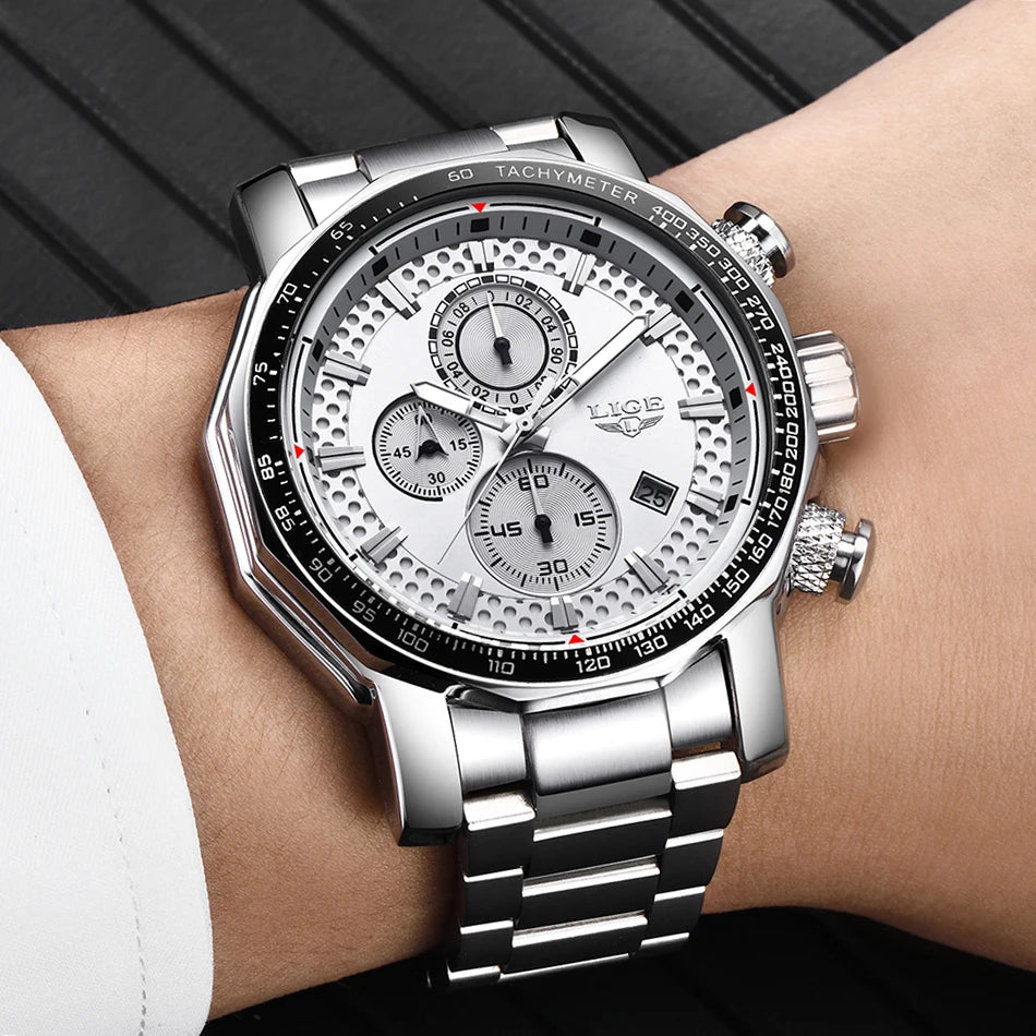LIGE New Sport Chronograph Mens Watches Top Brand Luxury Full Steel Quartz Clock Waterproof Big Dial Watch Men Montre Homme