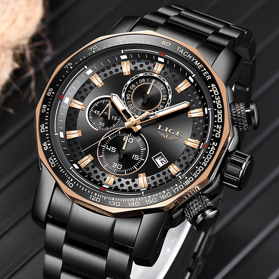 LIGE New Sport Chronograph Mens Watches Top Brand Luxury Full Steel Quartz Clock Waterproof Big Dial Watch Men Montre Homme