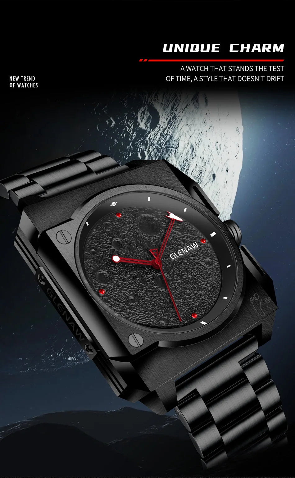 Montre Homme GLENAW Original Brand Design Mechanical Watch Moon Dial Luminous Spaceship Pointer Stainless Steel Watch For Men