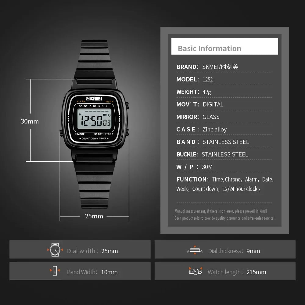 SKMEI 1901 Luxury Watch for Women Small Dial Stainless steel Digital Waterproof Ladies Wristwatches Womens Girl Montre femme