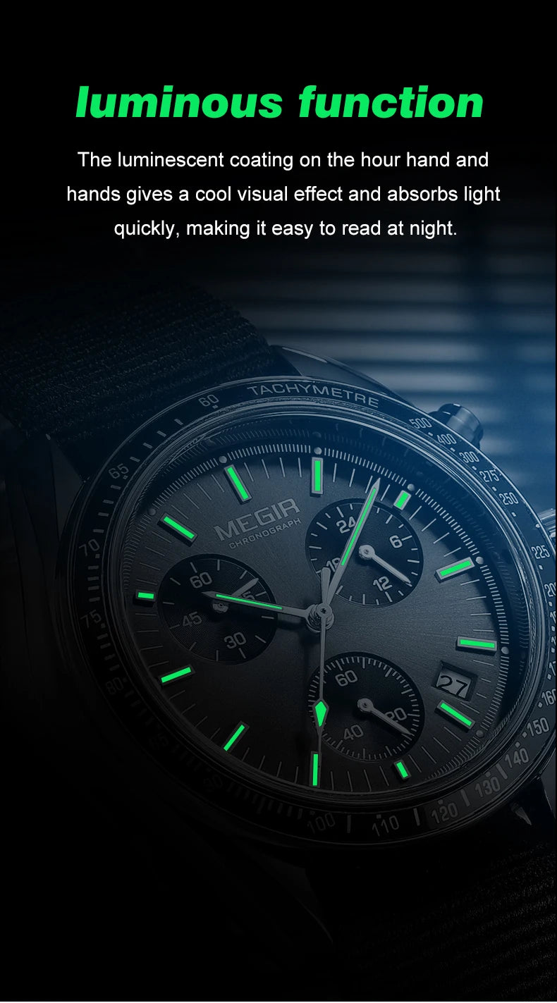 MEGIR 2247 New Luxury Men's Watch Canvas Braided Strap Sport Chronograph Night Light Quartz Waterproof Men's Watch reloj hombre