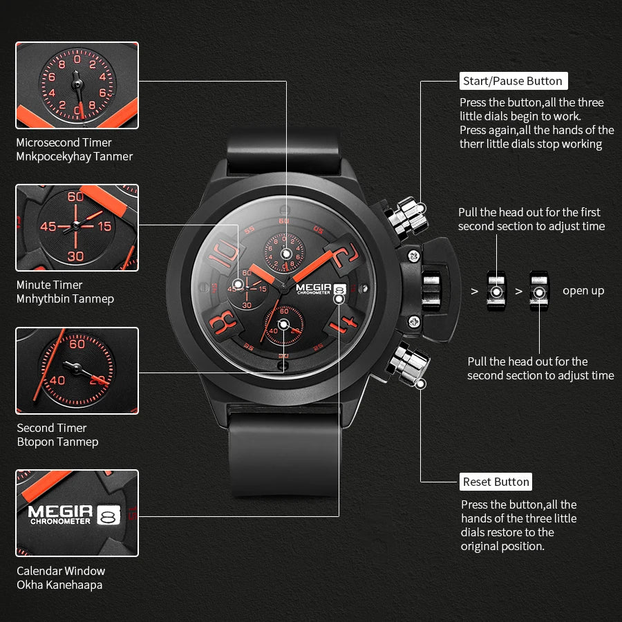 MEGIR Men Watches Luxury Sport Military Chronograph Waterproof Date Fashion Quartz Wristwatch Big Dial Relogio Masculino 2002