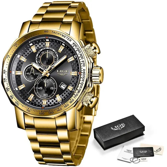 LIGE New Sport Chronograph Mens Watches Top Brand Luxury Full Steel Quartz Clock Waterproof Big Dial Watch Men Montre Homme