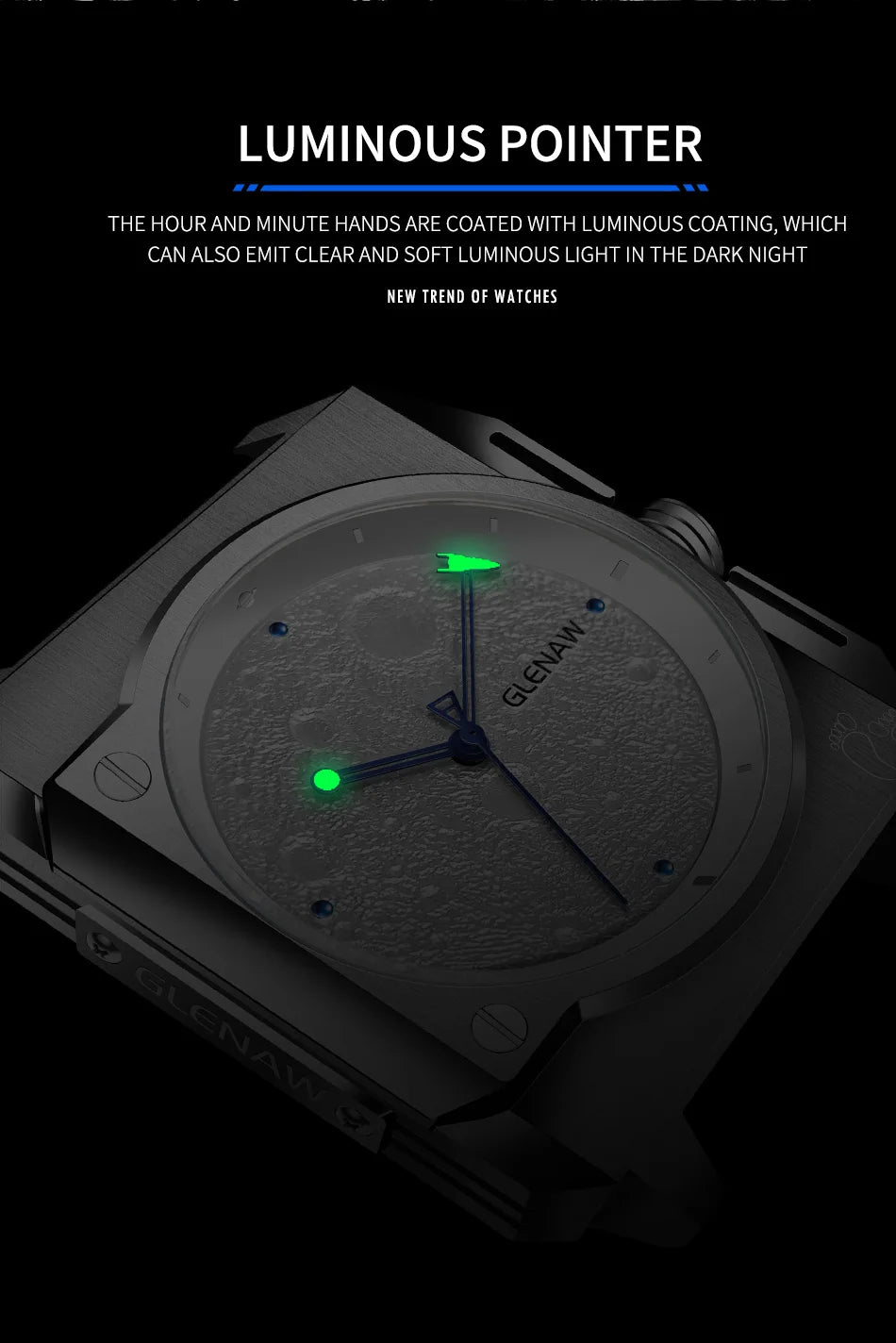 Montre Homme GLENAW Original Brand Design Mechanical Watch Moon Dial Luminous Spaceship Pointer Stainless Steel Watch For Men