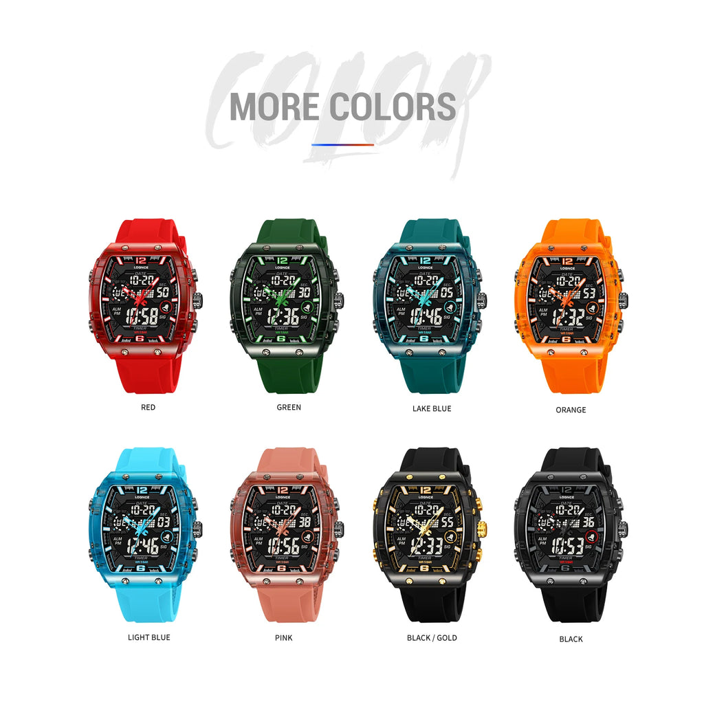 New LOQNCE  98003 Male montre homme Hour Sport Watches Digital Double Time Chronograph Watch Mens LED Week Display Wristwatches