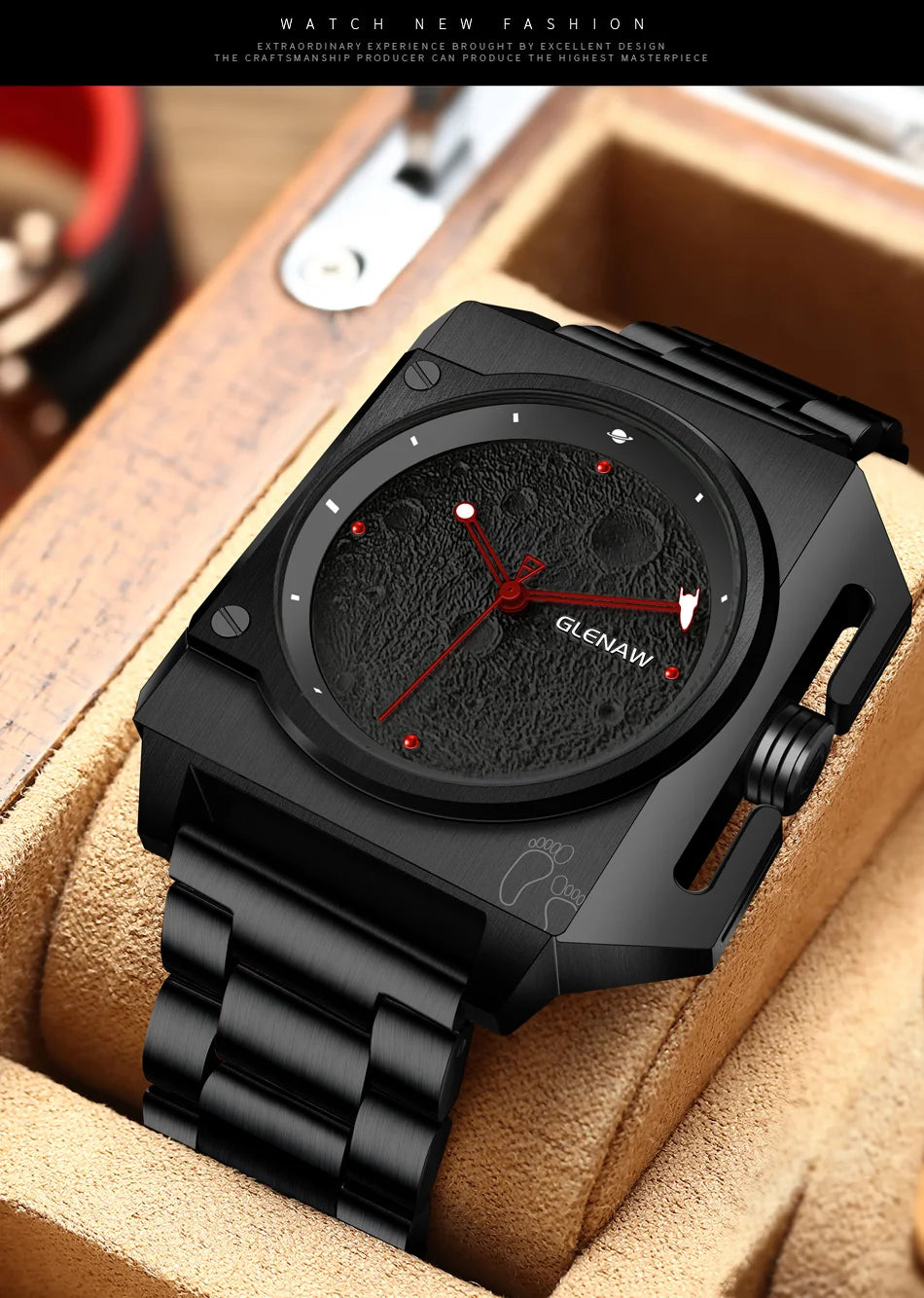 Montre Homme GLENAW Original Brand Design Mechanical Watch Moon Dial Luminous Spaceship Pointer Stainless Steel Watch For Men