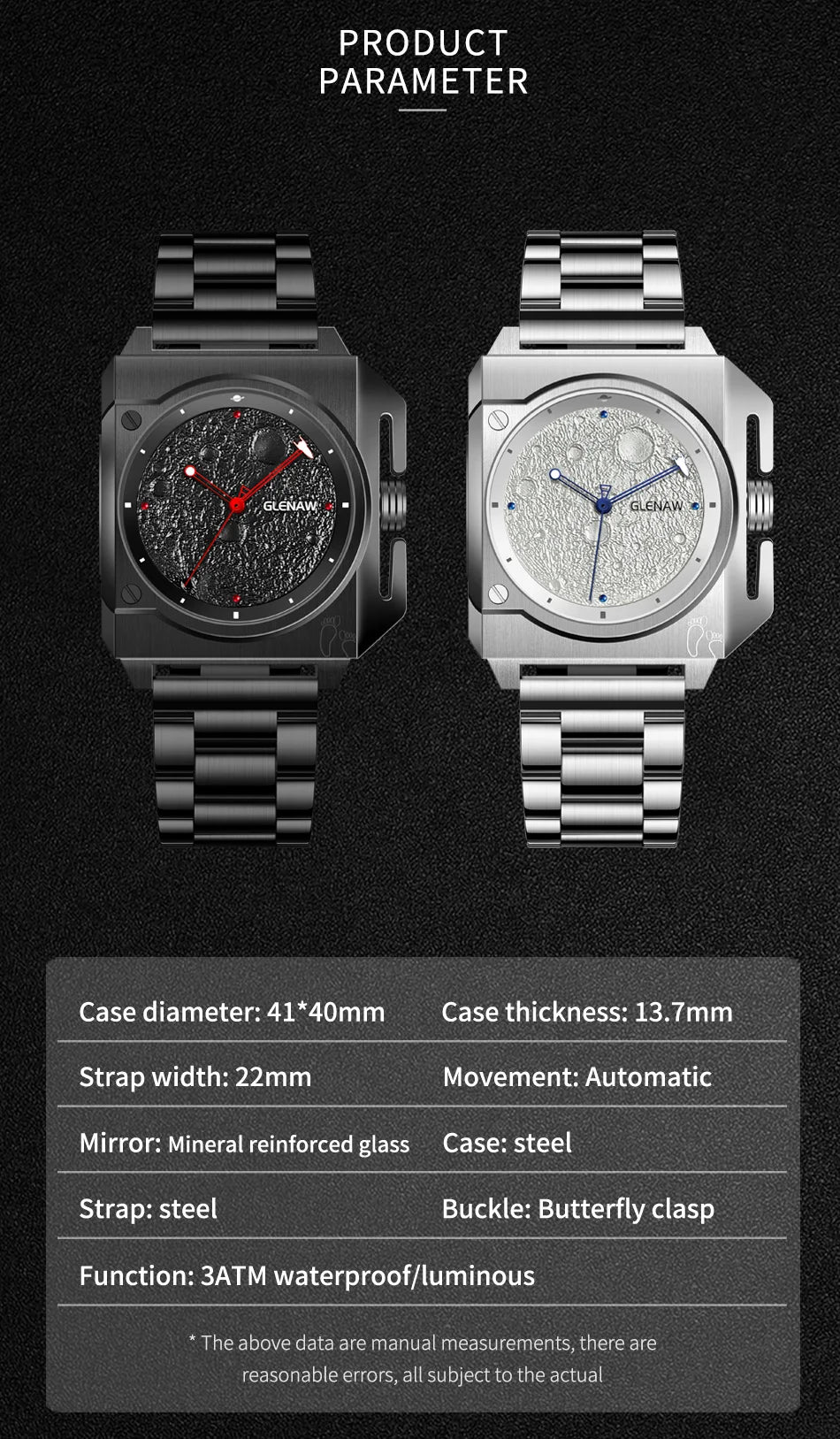 Montre Homme GLENAW Original Brand Design Mechanical Watch Moon Dial Luminous Spaceship Pointer Stainless Steel Watch For Men