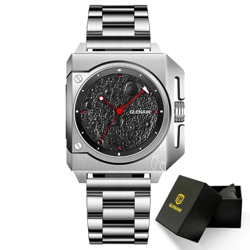 Montre Homme GLENAW Original Brand Design Mechanical Watch Moon Dial Luminous Spaceship Pointer Stainless Steel Watch For Men